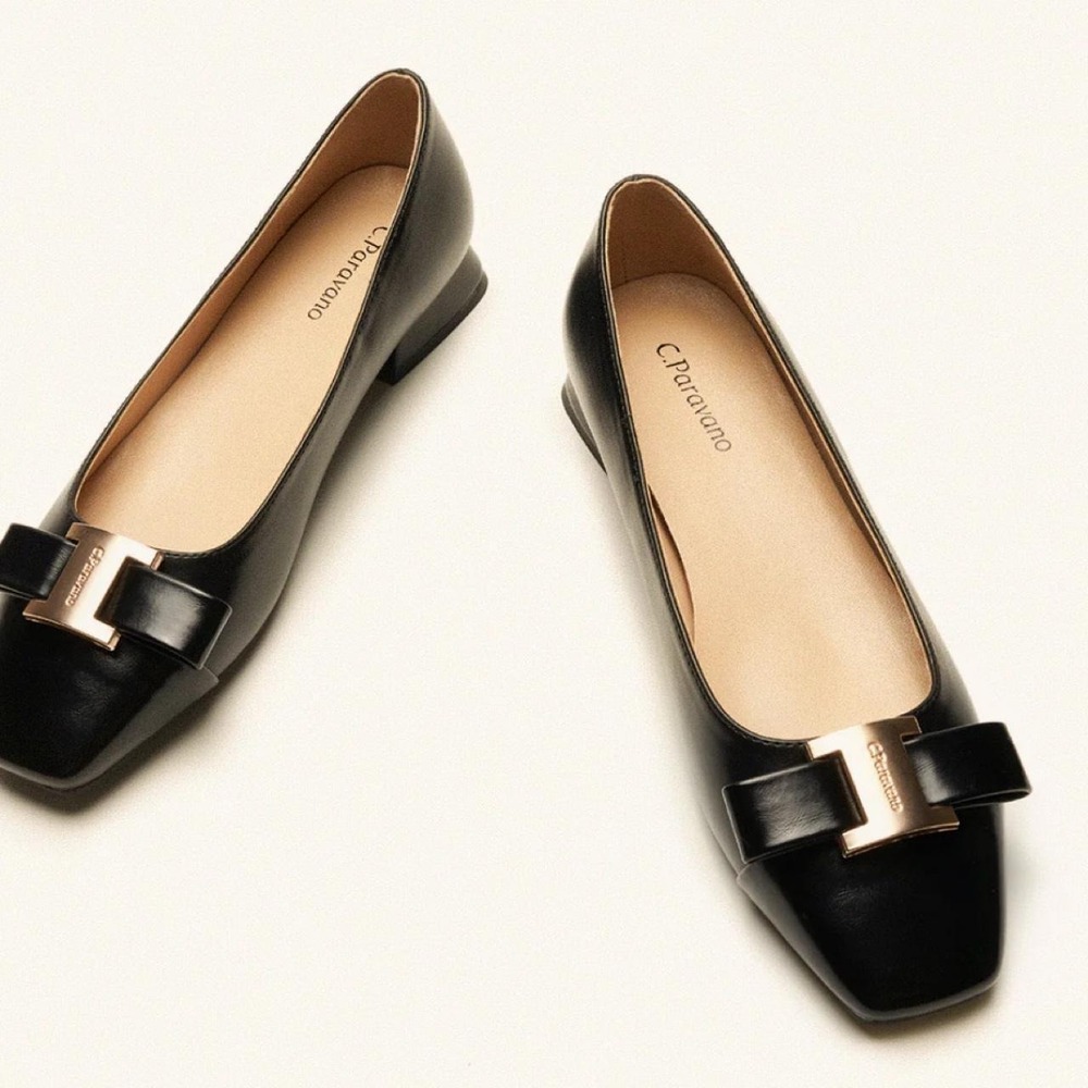 Paravano black leather ballet flats with gold buckle detail